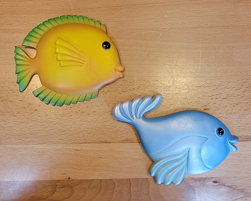 Resin Tropical Fish Wall Hanging Decor Bright Colorful Set Of 2 Blue Yellow